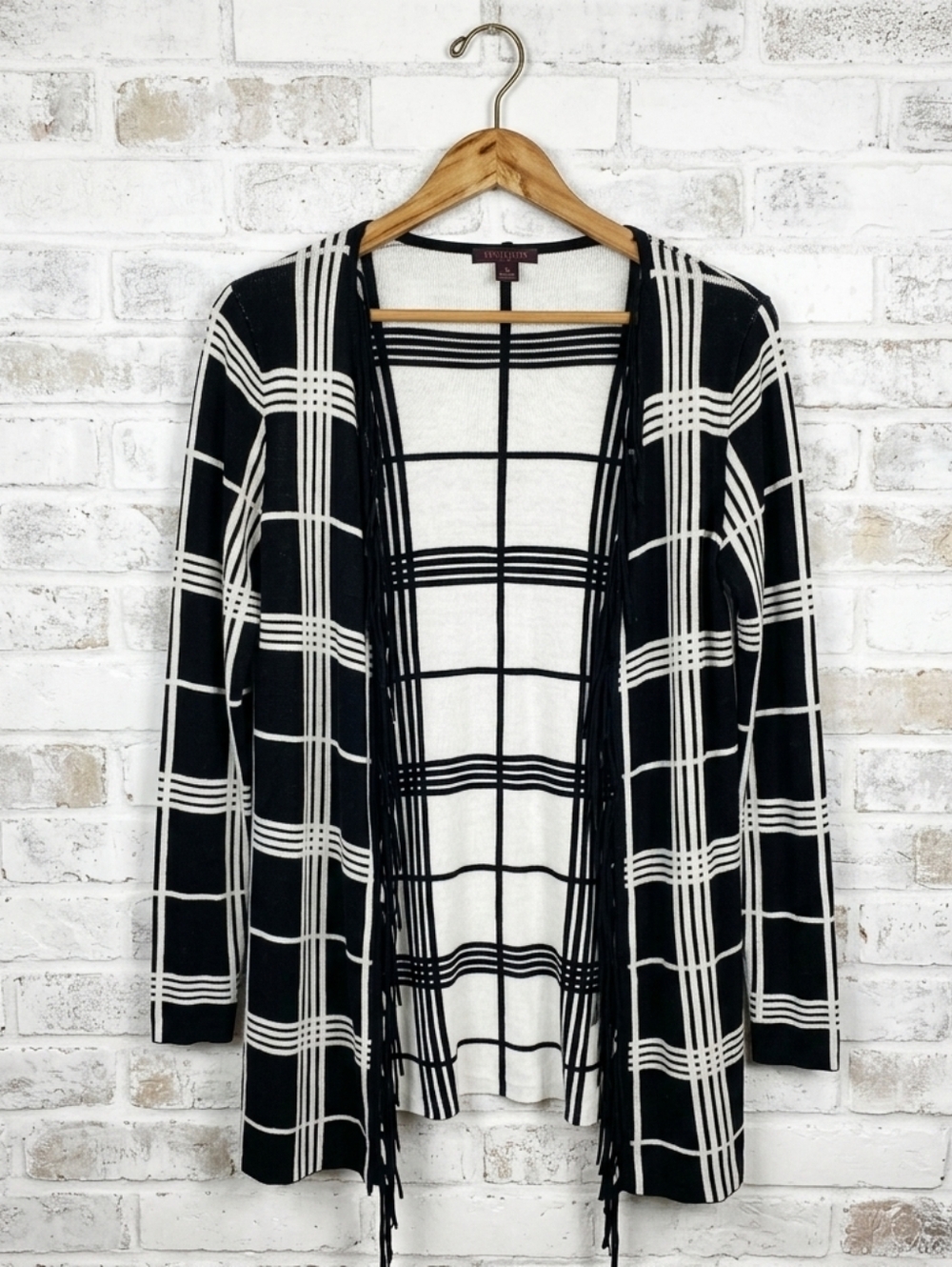 Fontana Black & White Plaid Open Cardigan Sweater with Fringe - Women's Size Med